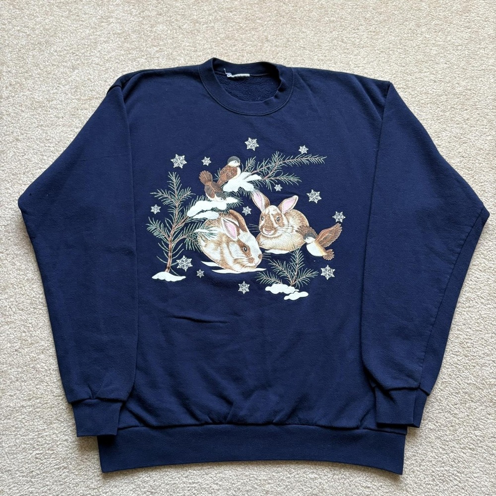 Vtg Snow Rabbits Sweatshirt Mens Large Navy Blue Bunnies Birds Winter Nature 90s
